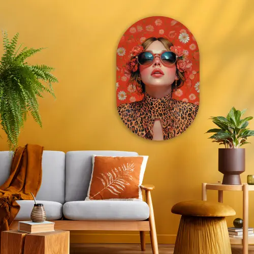 Vrouw - Kleurrijk - Dierenprint - Bloemen Wandcirkel Ovaal Glas middel -sfeer4