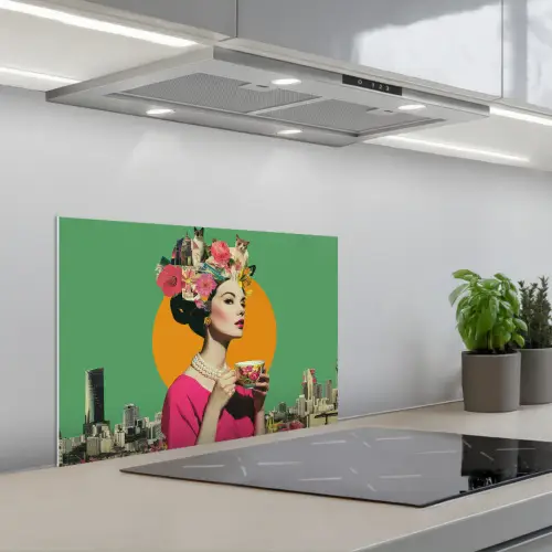 Retro - Vrouw - Stad - Zon keuken achterwand spatscherm klein -3d_schuin