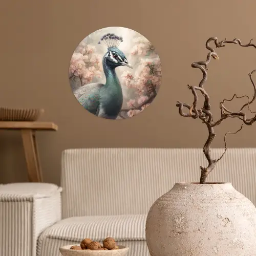 Pauw - Vogels - Bloemen - Boom - Botanisch Wandcirkel behangsticker klein -sfeer1