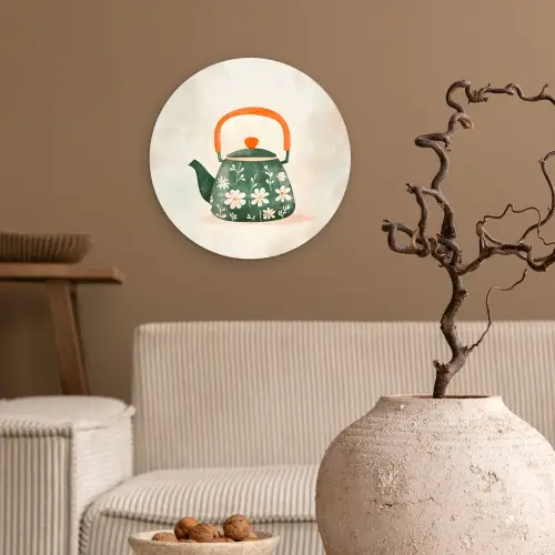 Theepot - Groen - Bloemen - Oranje Wandcirkel kunststof plaat 5mm dik klein -sfeer1