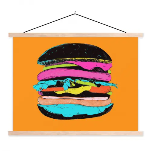 Hamburger - Kleurrijk - Speels textielposter latten blank klein -3d