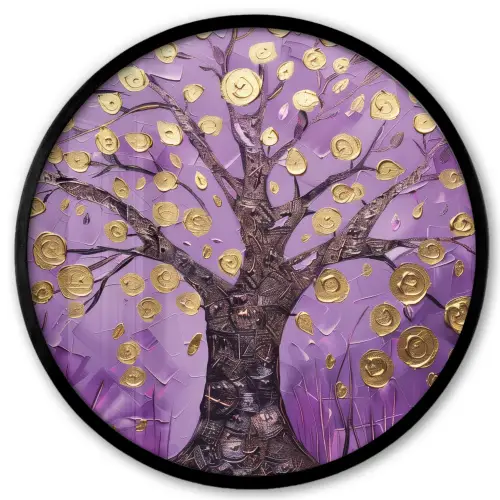 Levensboom - Boom - Paars - Goud - Modern Fotolijst rond zonder passe partout klein -3d