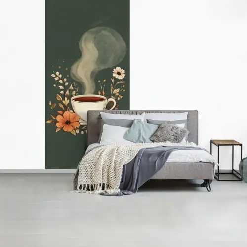 Kop - Bloemen - Groen - Koffie fotobehang vinyl groot -slaapkamer