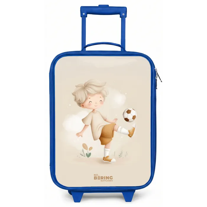 Jongen met een voetbal in beige kleuren Kinderkoffer - Blauw klein -zz3dotto
