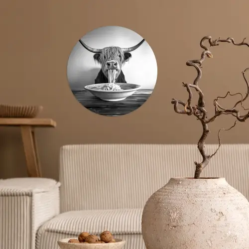 Schotse Hooglander - Spaghetti - Dieren - Zwart wit Wandcirkel behangsticker klein -sfeer1