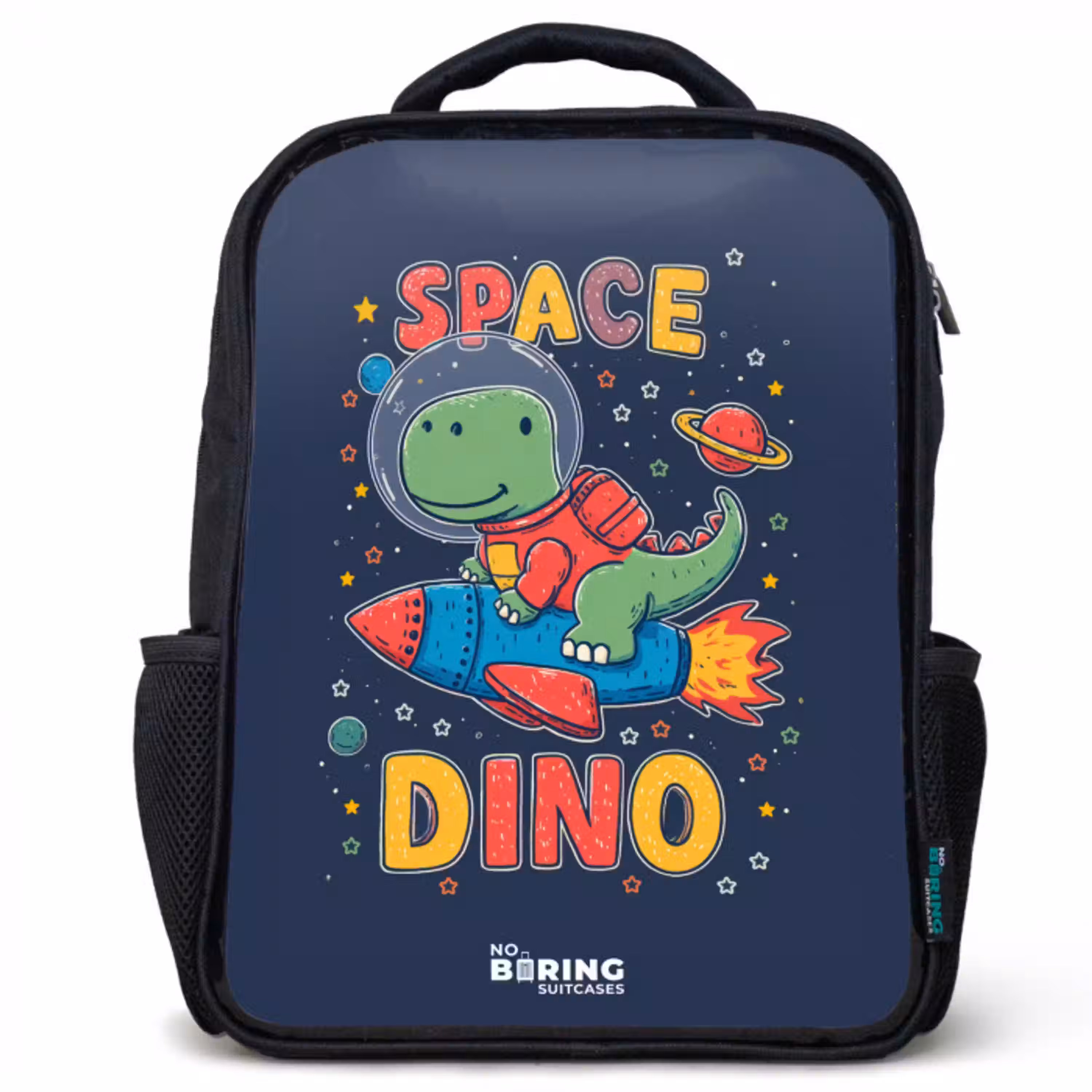 Dino - Groen - Raket - Sterren Rugzak - Zwart middel -3d