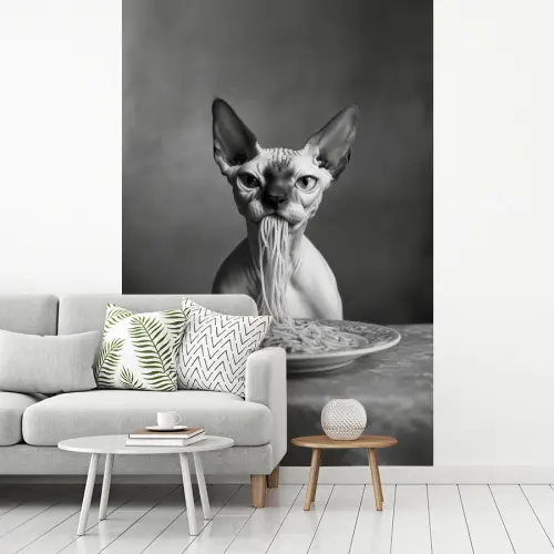 Sphynx - Kat - Dieren - Humor - Spaghetti - Zwart Wit fotobehang vinyl groot -woonkamer