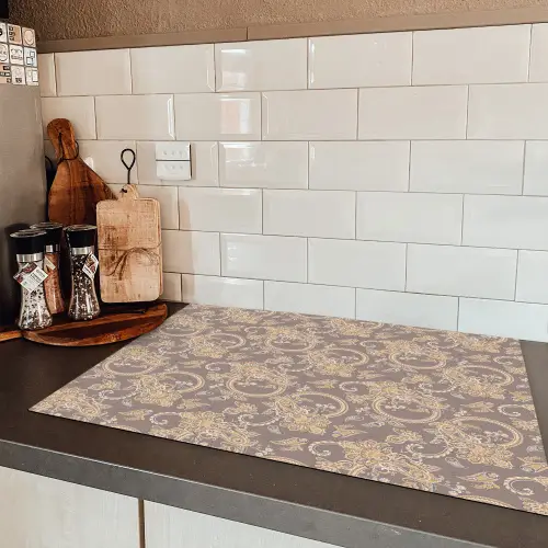 Oosters - Bloemen - Beige - Grijs Inductie beschermer vinyl 3mm klein 276 -sfeer3