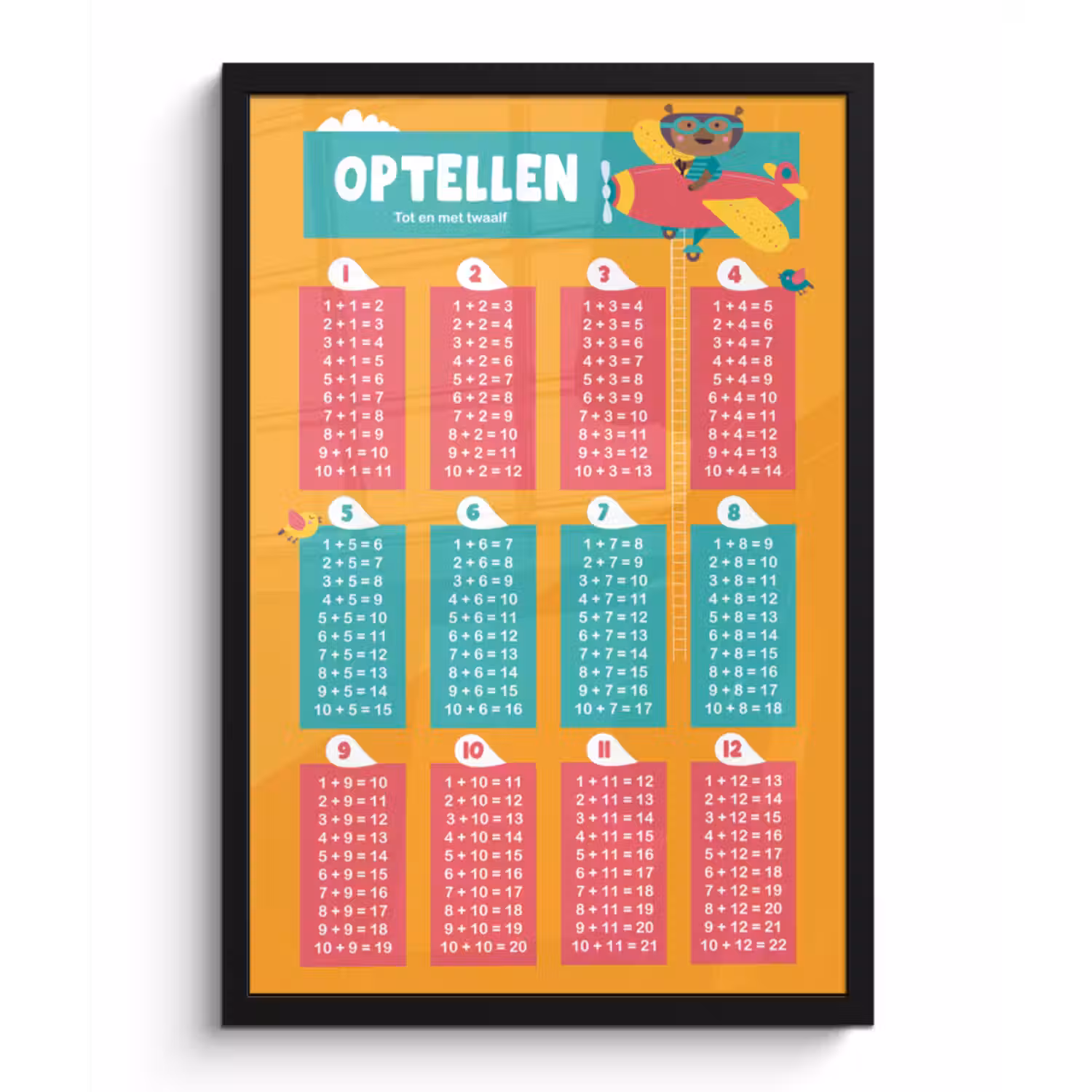 Poster met lijst - Kinderkamer - Optellen - Educatief - Jongens - Meisjes - Kinderen - Oranje - Kids