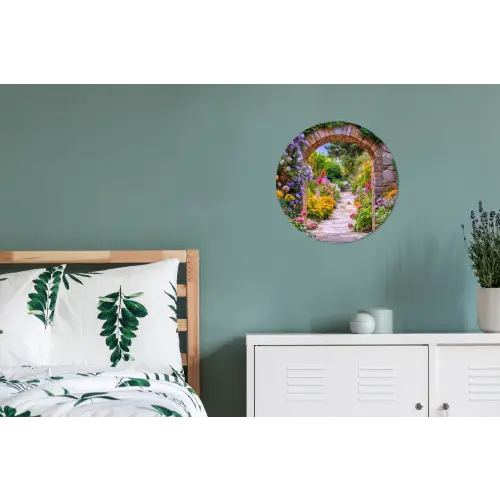 Doorkijk - Bloemen - Pad - Natuur Wandcirkel aluminium klein -slaapkamer