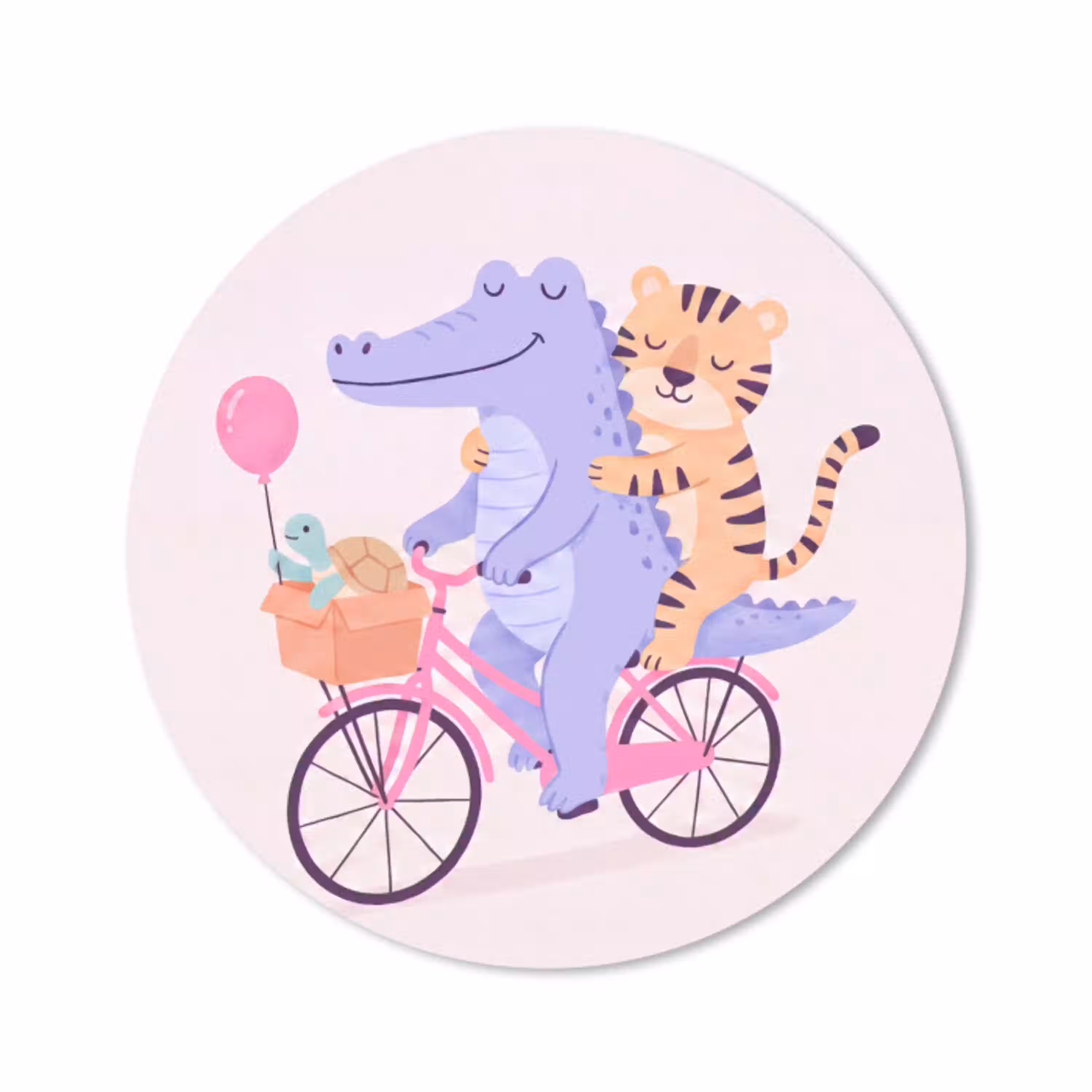 Dieren - Fiets - Vriendschap - Illustratie - Roze Muismat rond klein -3d