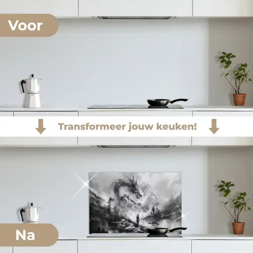 Krijger - Draak - Grijs keuken achterwand spatscherm klein -voor_na_NL