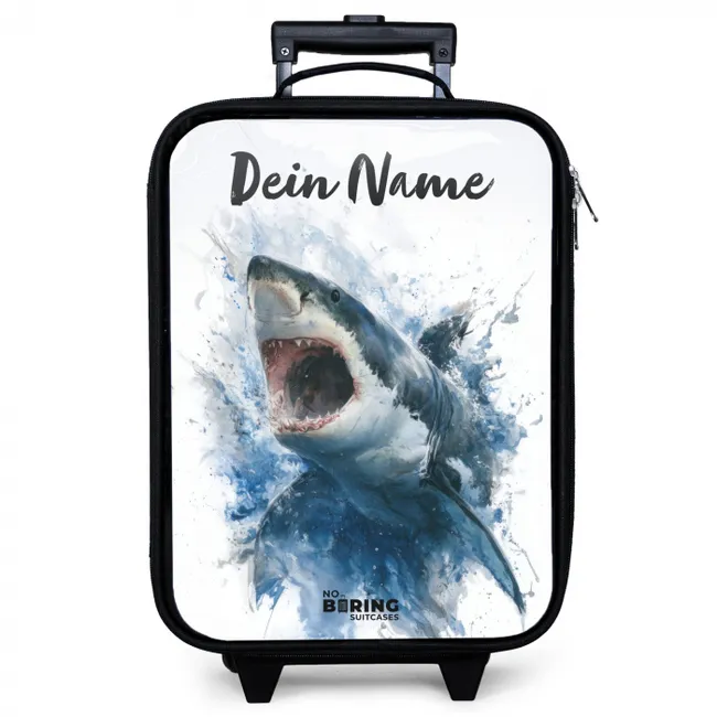 Kinderkoffer mit Name - Angreifender Hai in Aquarell