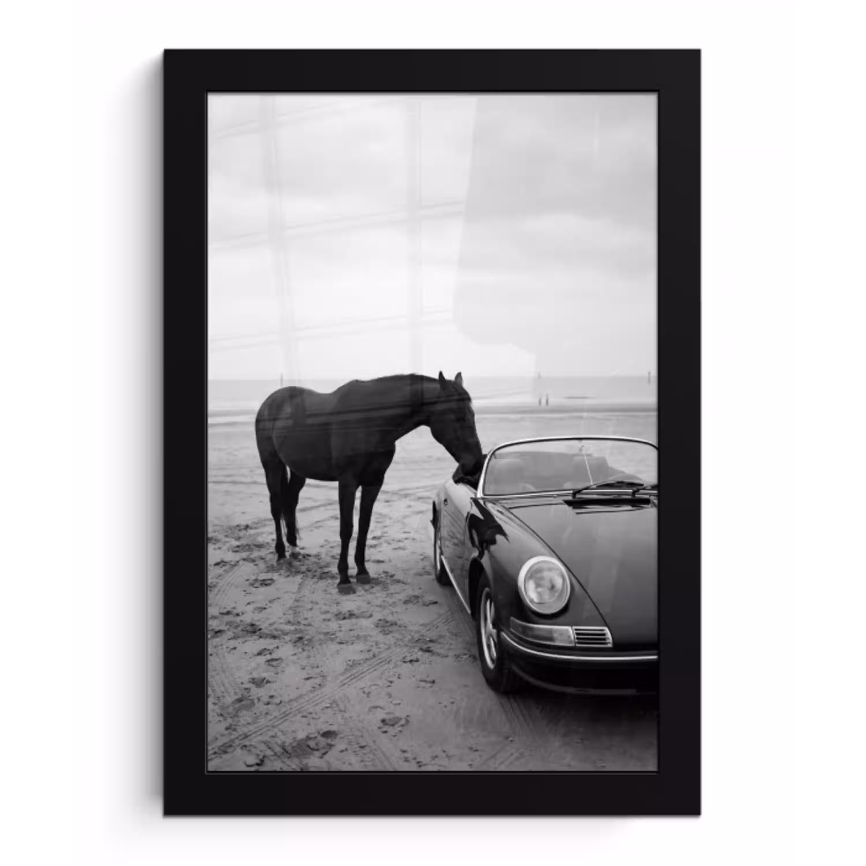 Paard - Auto - Zwart - Wit fotolijst zwart zonder passe partout klein -3d