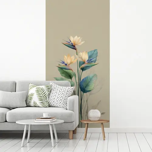 Paradijsvogelbloemen - Blauwgroene bladeren - Beige fotobehang vinyl groot -woonkamer