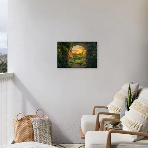 Poort - Planten - Zonsondergang Tuinposter op houten frame 2 cm dik klein -sfeer1