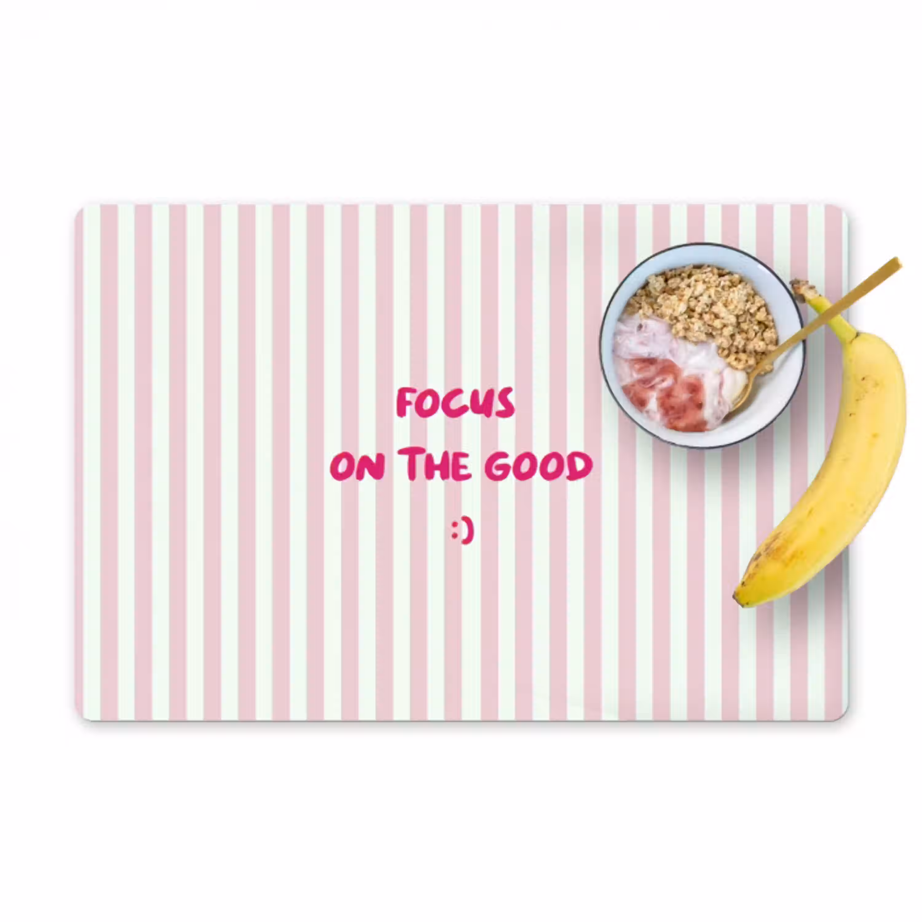 Focus on the good - Strepen - Roze - Smiley Placemat vinyl groot -zzzproduct_Kitchenyeah-website