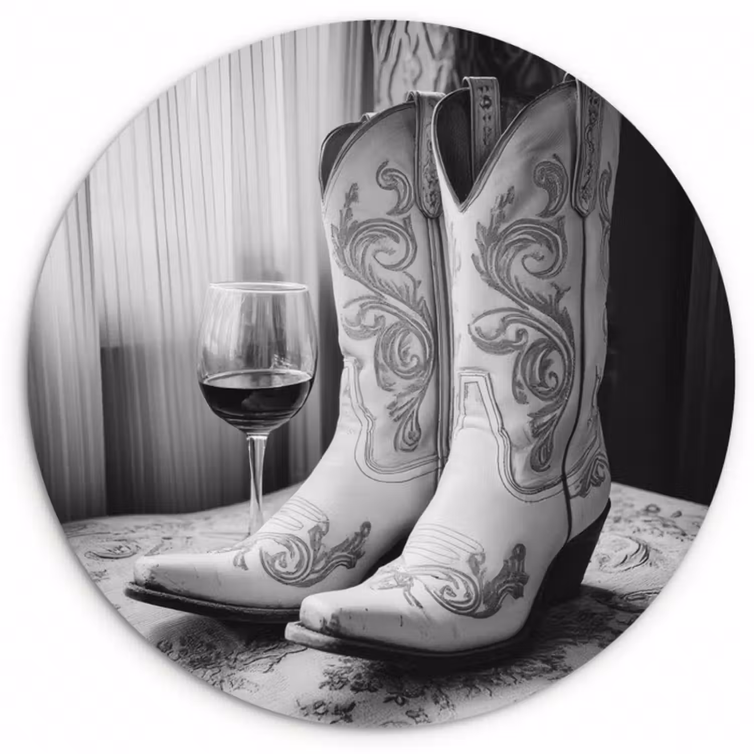 Forexbild Rund - Wein - Cowboystiefel - Fensterlicht - Weiß