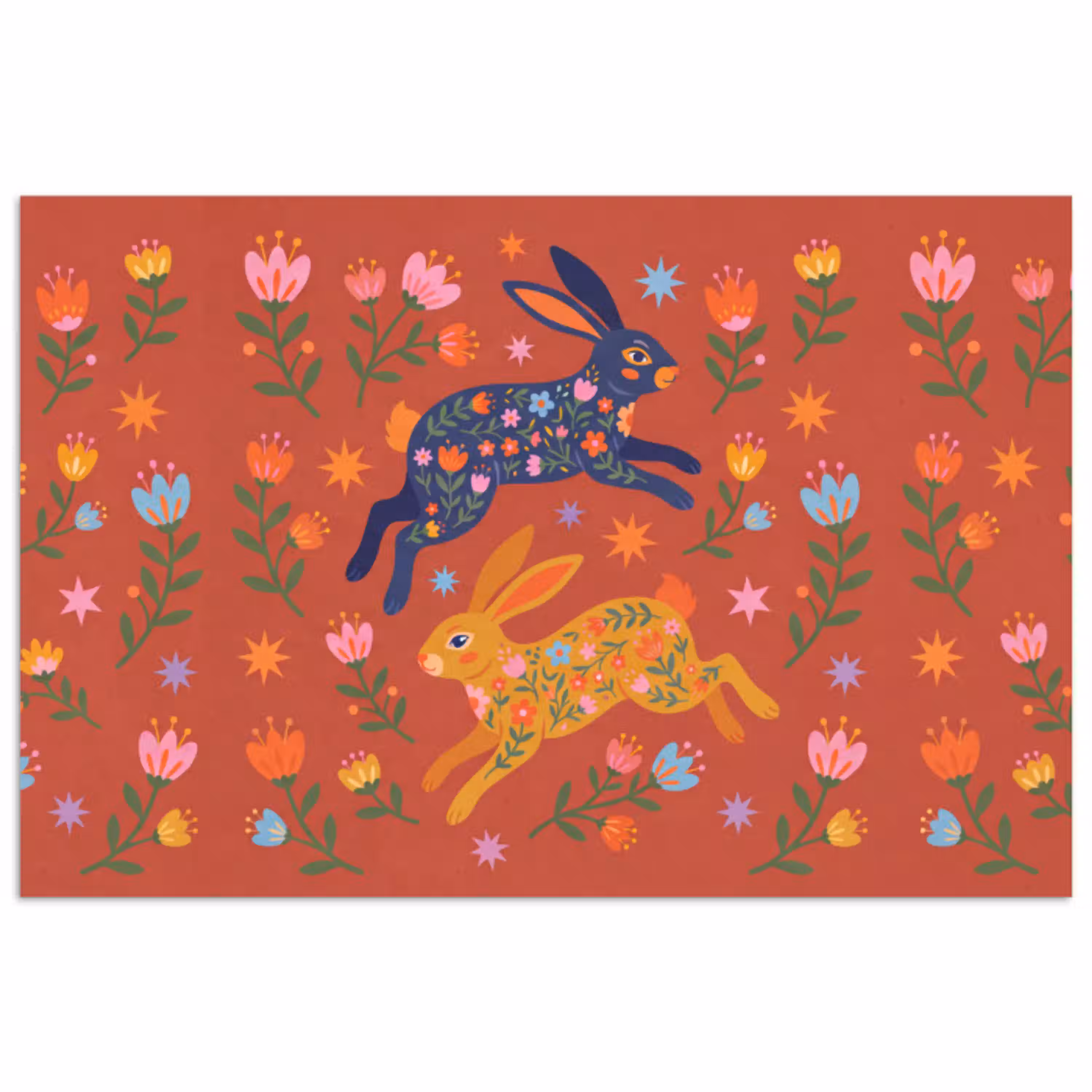 Konijn - Bloemen - Folk Art - Kleurrijk - Dieren poster papier klein -3d