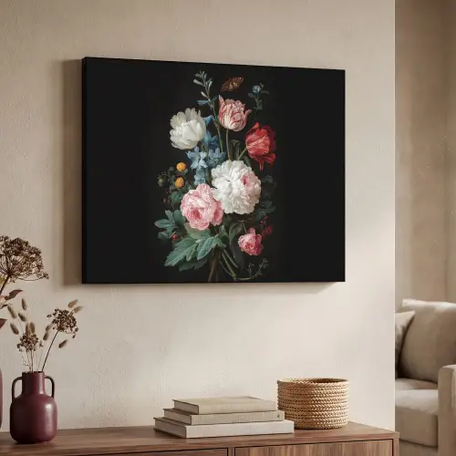 Boeket - Kleurrijk - Klassiek Textielframe zwart klein -sfeer3