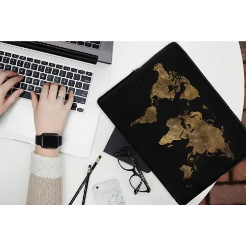 Wereldkaart - Goud - Luxe - Aarde - Zwart laptophoes neopreen klein -bureau