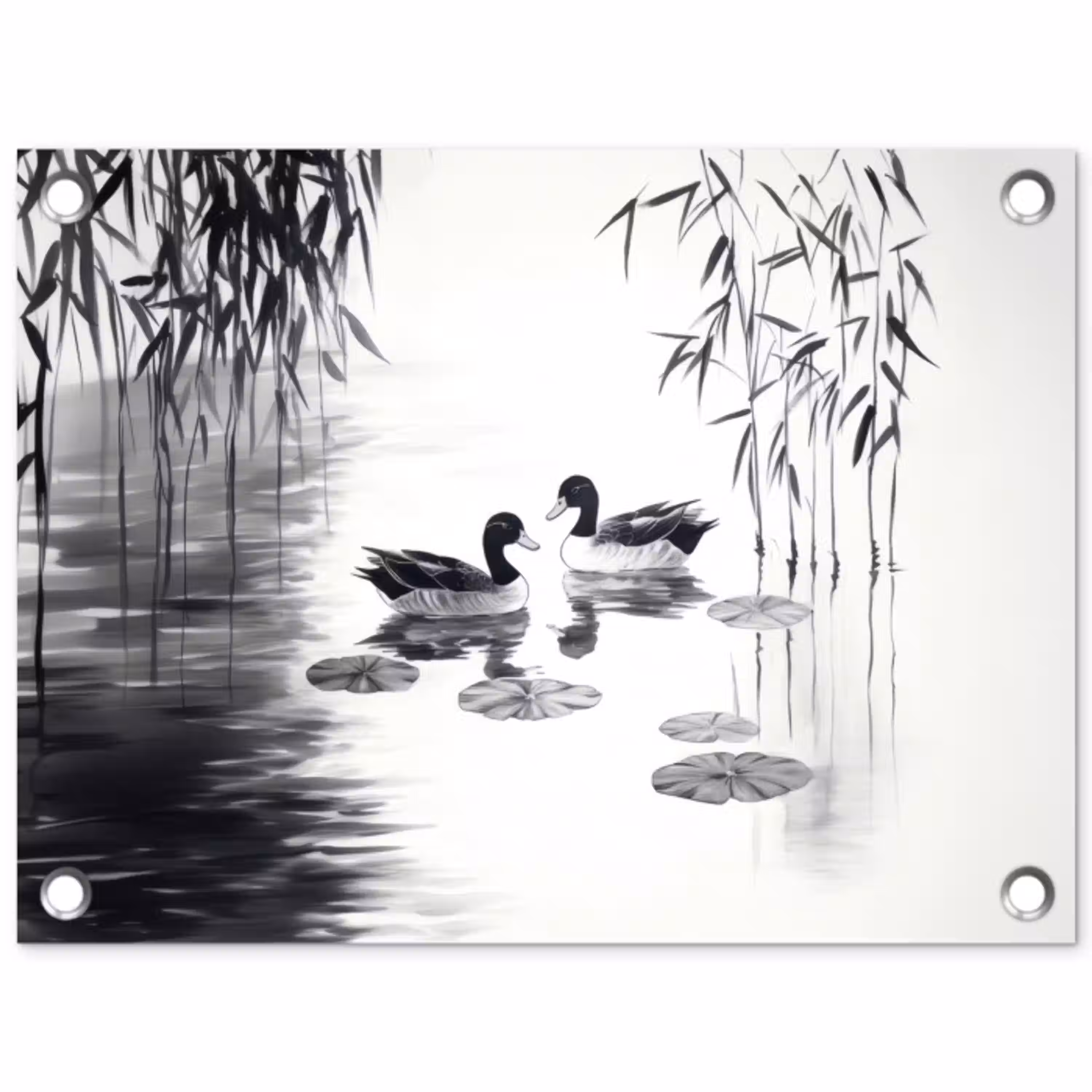 Eenden - Waterlelies - Riet - Zwart tuinposter los doek klein -3d