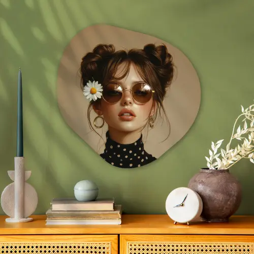 Vrouw - Beige - Bloem - Modern - Portret Wandcirkel Organisch Aluminium middel -sfeer2