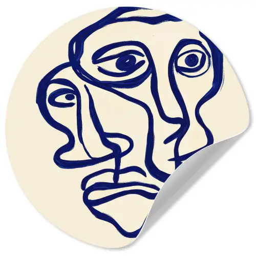 Lijntekening - Overlappende gezichten - Donkerblauw Wandcirkel behangsticker klein -3d