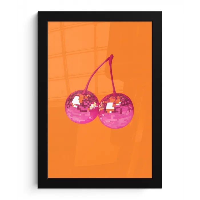 Discoballen - Kers - Spiegels - Roze fotolijst zwart zonder passe partout klein -3d