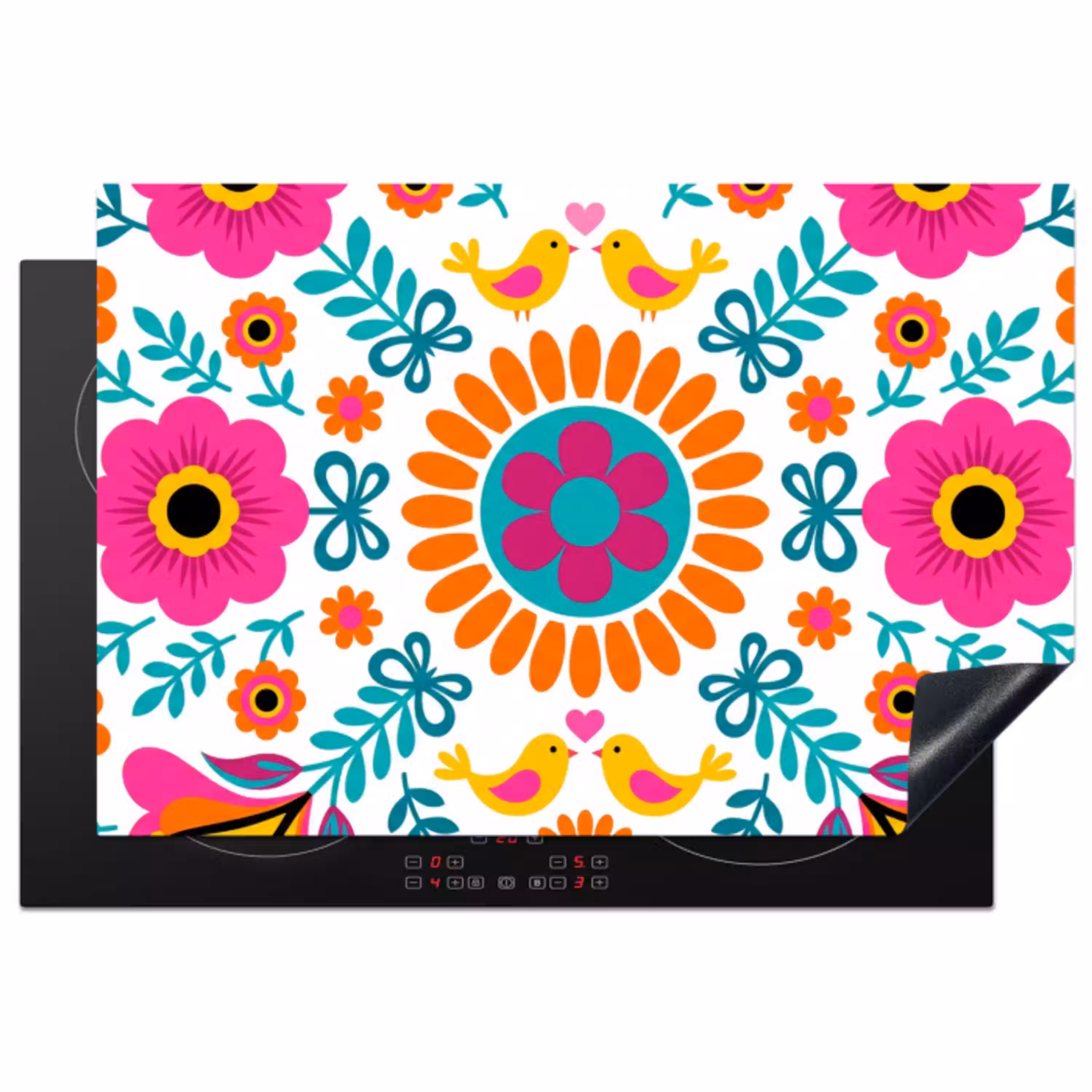 Bloemen - Vogel - Patroon - Kleurrijk - Modern Inductie beschermer vinyl 3mm klein -3d