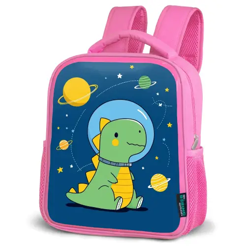 Dino - Ruimte - Planeten Kinderrugzak - Roze middel -schuin