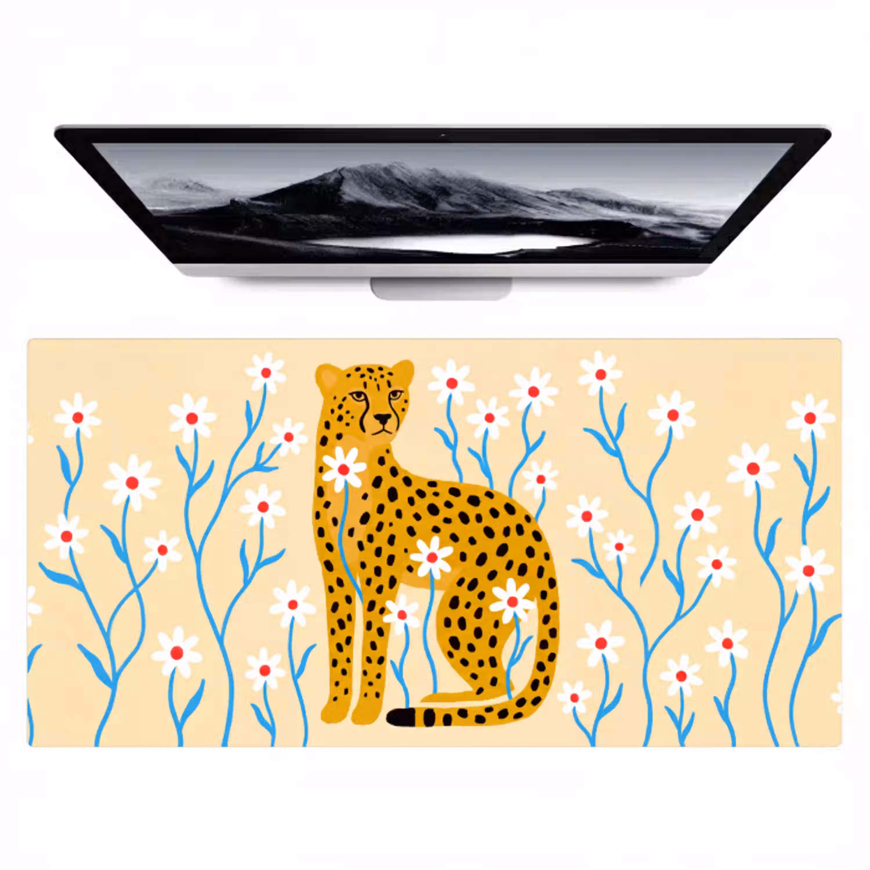 Dieren - Jachtluipaard - Bloemen - Modern - Geel Muismat XXL klein -zzz3d