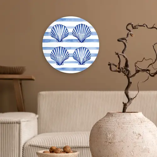 Vier schelpen - Blauw - Wit - Strepen Wandcirkel kunststof plaat 5mm dik klein -sfeer1
