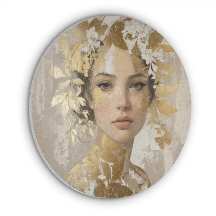 Gezicht - Vrouw - Bladeren - Goud Akoestische PET Vilt - Rond klein -3d