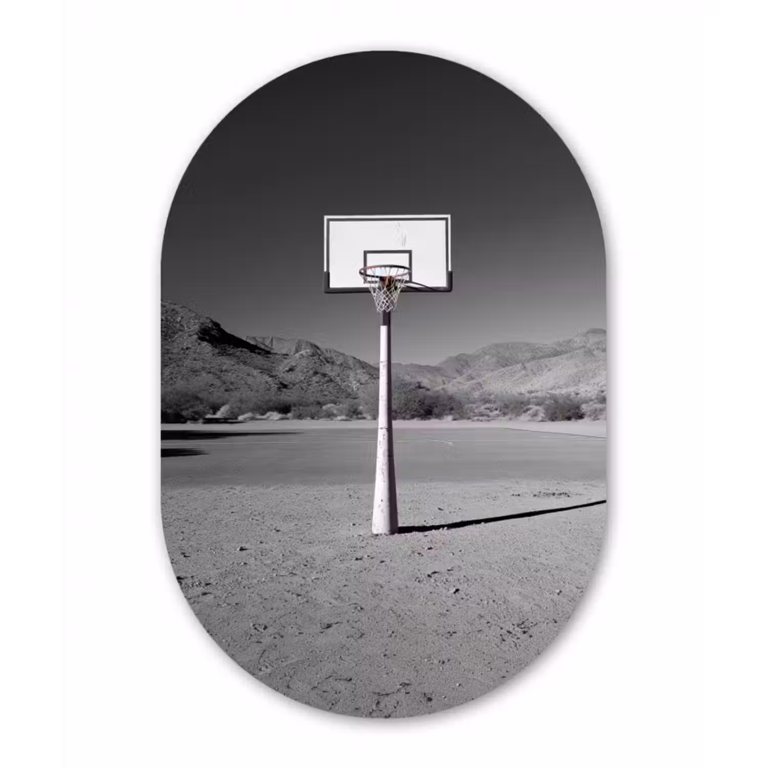 Glasbild Oval - Basketballstange - Landschaft - Sand - Weiß