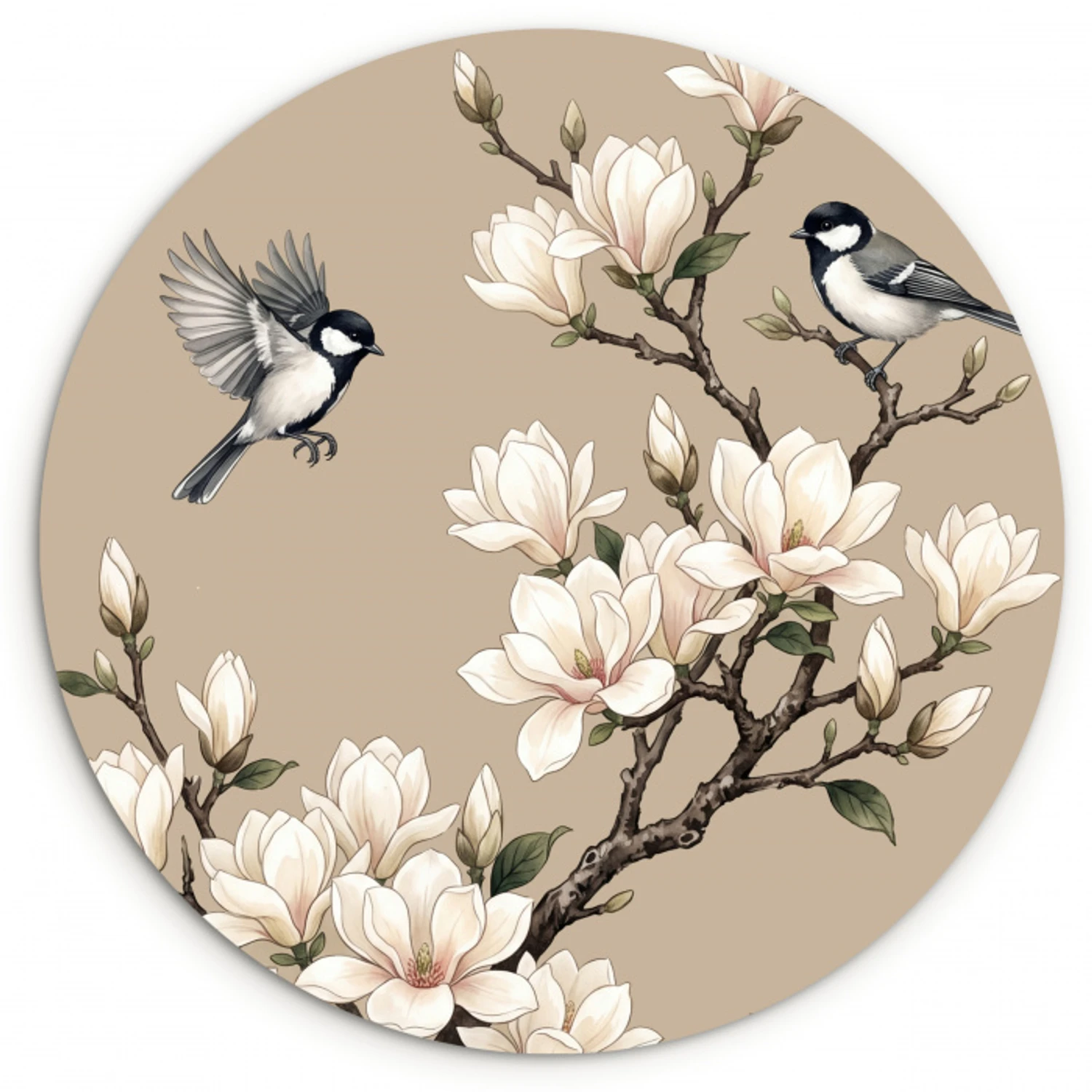 Oosters - Vogels - Beige Wandcirkel kunststof plaat 5mm dik klein -3d