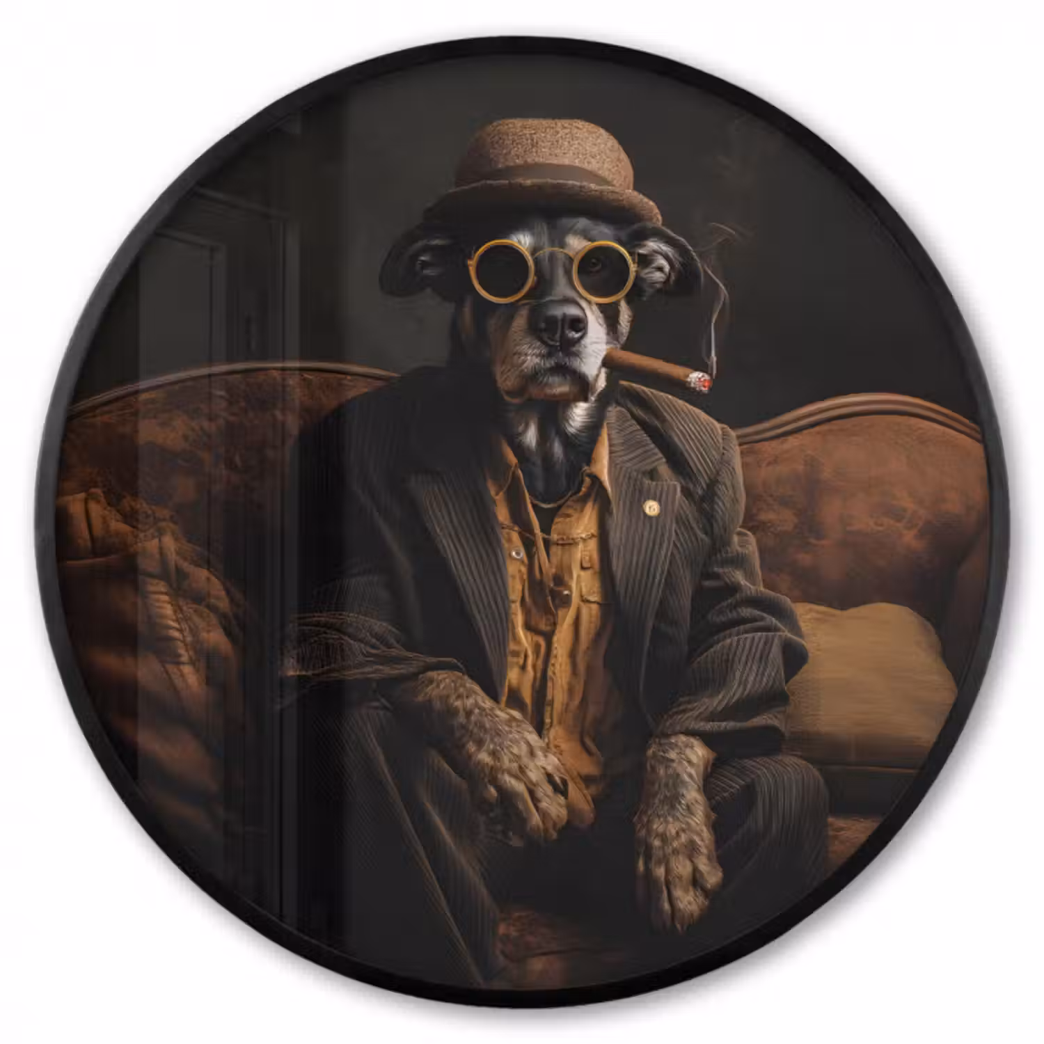 Ronde fotolijst - Hond - Sigaar - Hoed - Pak