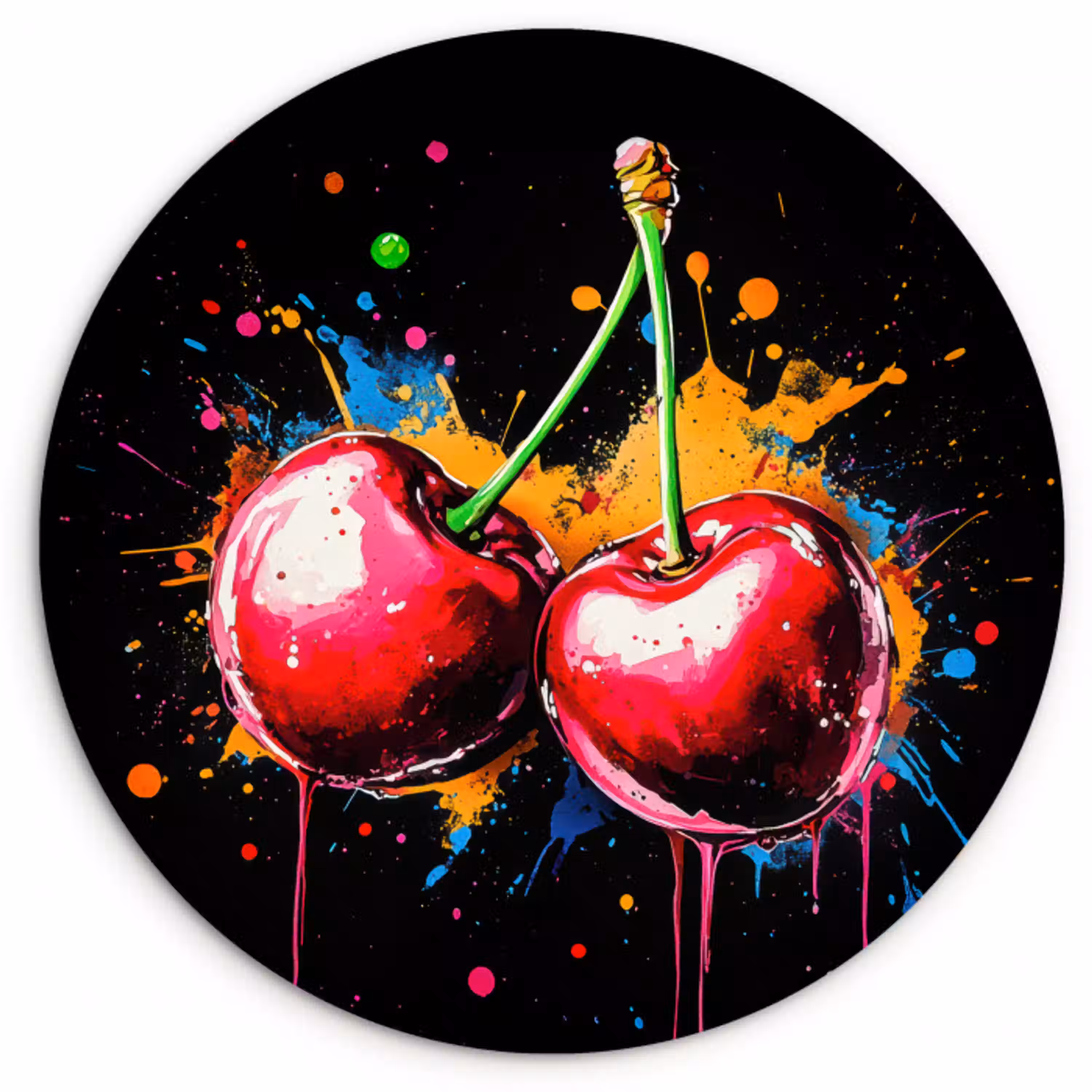 Kersen - Fruit - Graffiti - Verf - Abstract - Modern - Kleurrijk Wandcirkel kunststof plaat 5mm dik klein -3d