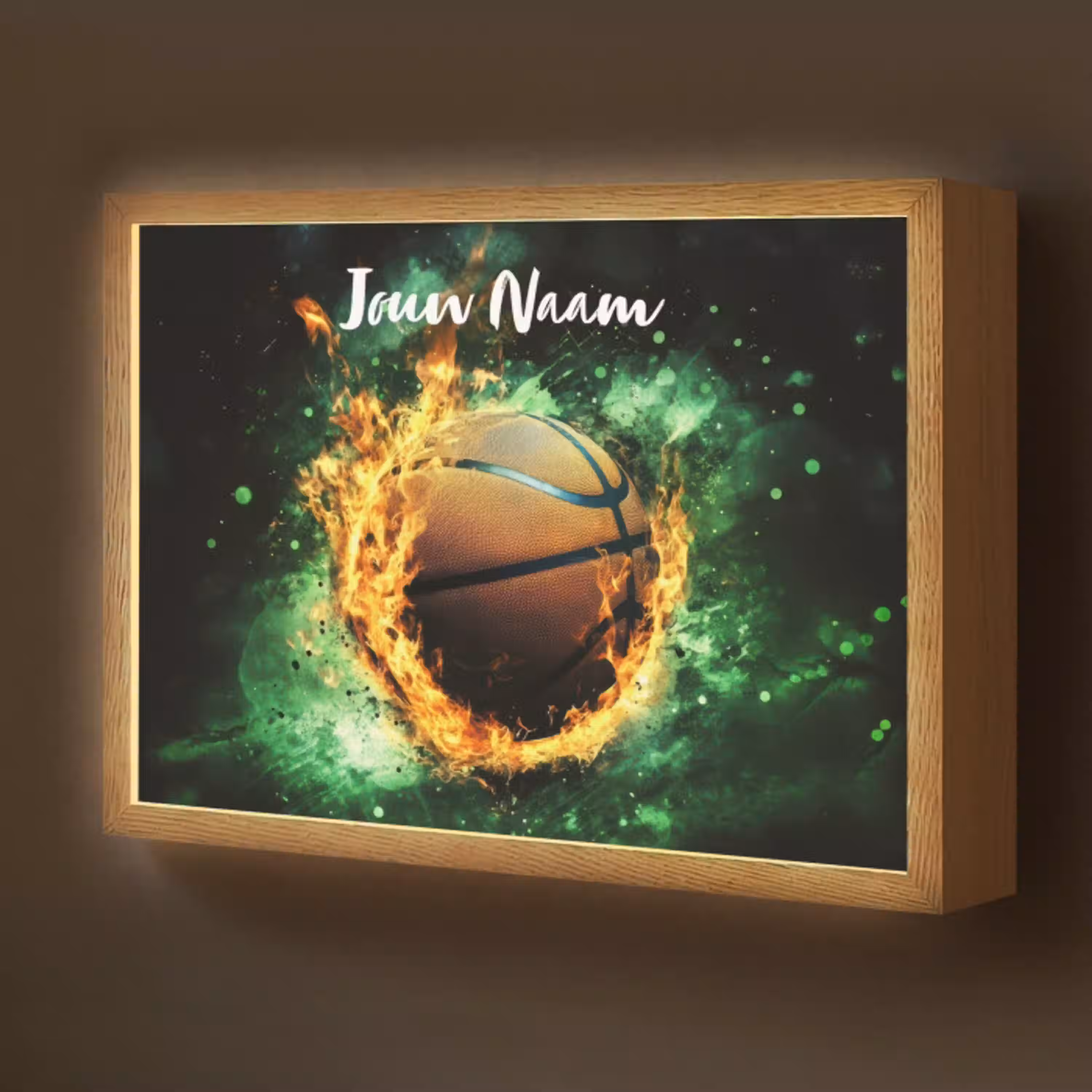 Basketbal - Vuur - Vlammen - Groen Light Box met batterij (Wandlamp kind) middel -z3d_website