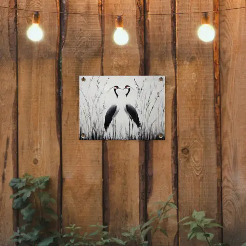 Kraanvogels - Gras - Hartvorm - Zwart tuinposter los doek klein -sfeer1