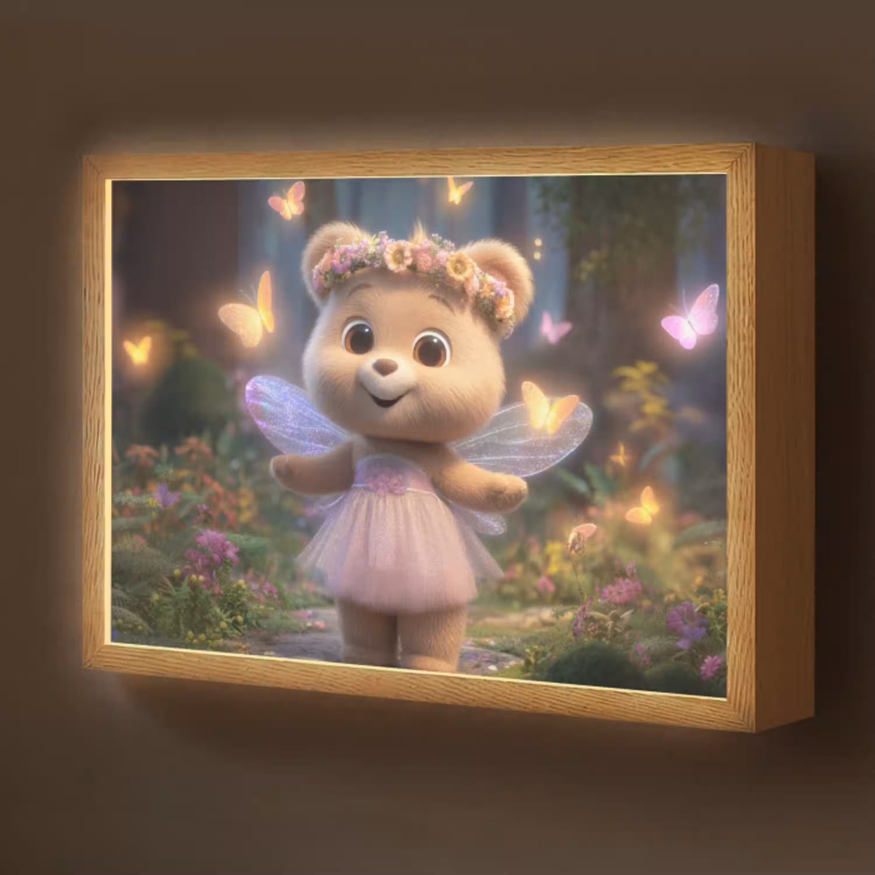 Teddybeer - Bloemenkrans - Vlinders - Elfenvleugels Light Box met batterij (Wandlamp kind) middel -z3d_website