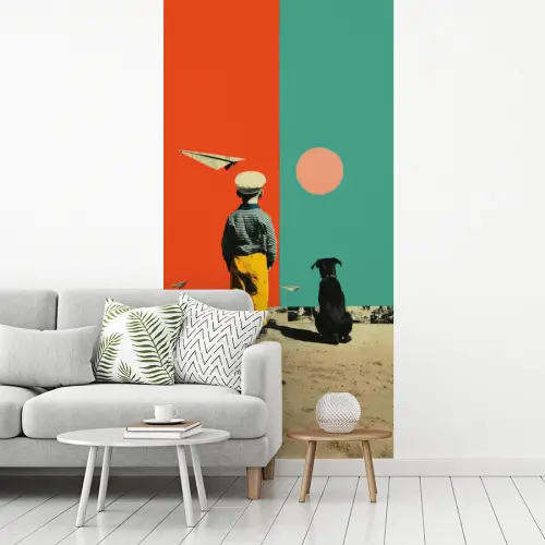 Retro - Jongen - Hond - Rood - Groen fotobehang vinyl groot -woonkamer