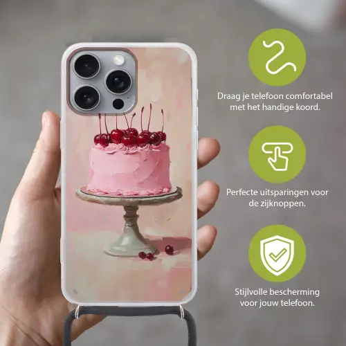 Taart - Pink - Cherry Hoesje iPhone 16 Pro Max met koord klein -sfeer2_NL