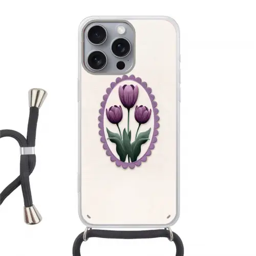 Tulpen - Paars - Lijst - Bladeren Hoesje iPhone 16 Pro Max met koord klein -3d