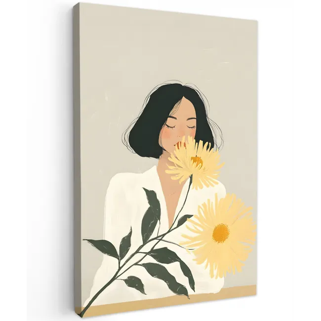 Vrouw - Bloem - Geel - Minimalistisch Tuinposter op houten frame 2 cm dik klein -3d