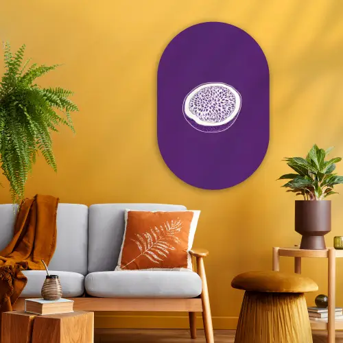 Passievrucht - Zaadjes - Paars - Minimalistisch Wandcirkel Ovaal Glas middel -sfeer4