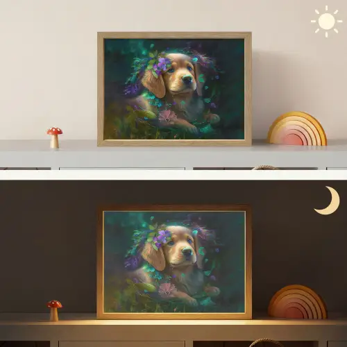 Hond - Puppy - Bloemen - Natuur - Golden retriever Light Box met batterij (Wandlamp kind) middel -sfeer3_kind