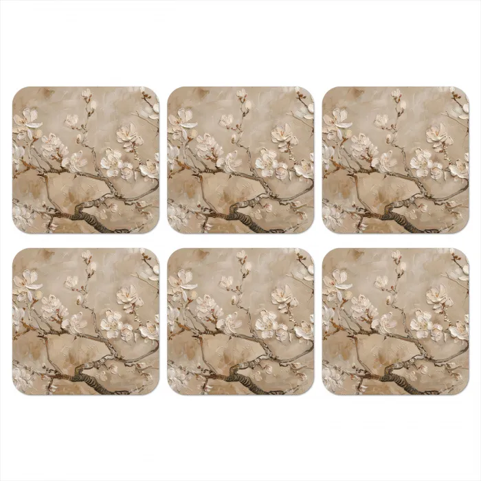 Bloemen - Modern - Beige - Wit - Bloesem onderzetter kurk middel -3d
