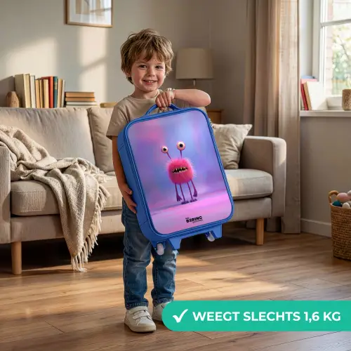 Roze harig monster met grote ogen Kinderkoffer - Blauw klein -sfeer2_NL