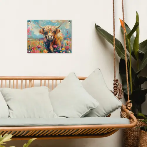 Schotse hooglander - Natuur - Kleurrijk - Bloemen tuinposter los doek klein -sfeer7